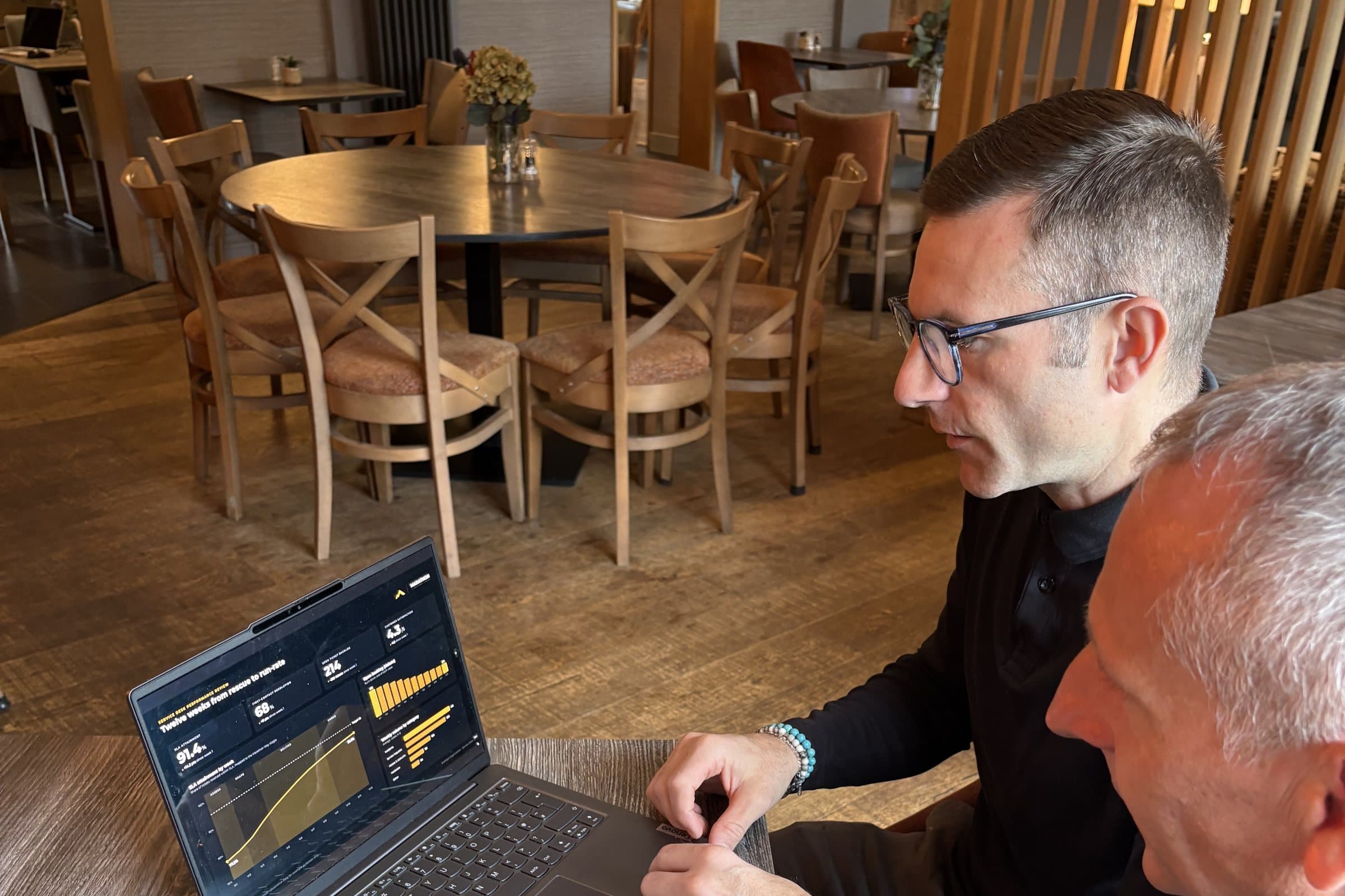 Greg Spanner reviewing service performance with a colleague (illustrative data)